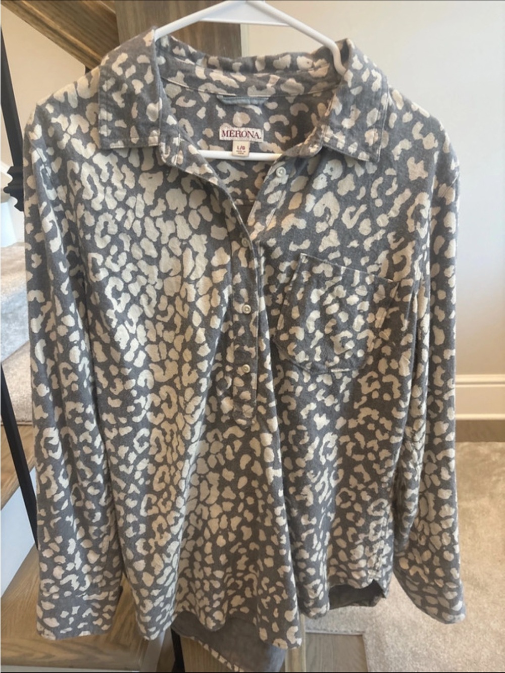Merona Gray and Cream Leopard-Print Button-Front Shirt